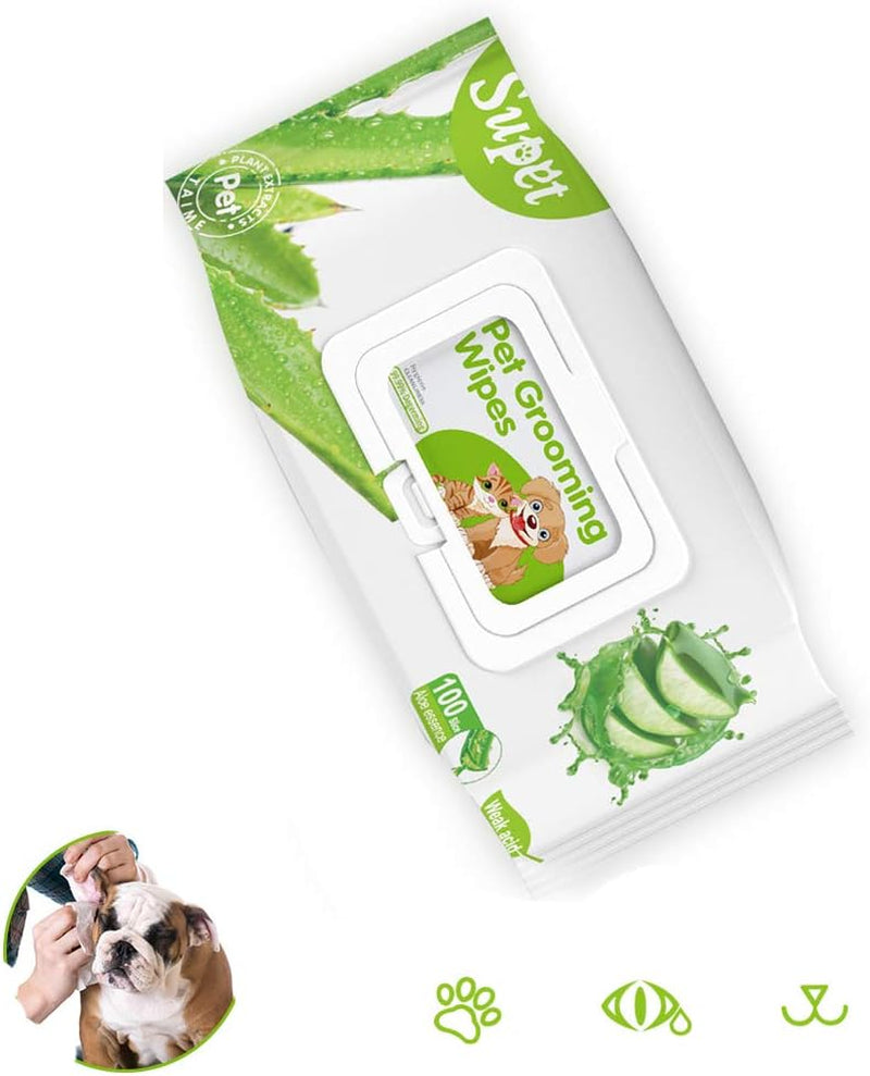 Pet Wipes for Dogs and Cats, Aloe Natural Dog Wipes, Effective Cat Wipes Grooming Wipes for Corner of Eye, Otic, Paws, Body and Butt, Thick & Extra Soft Wipes 100 Count